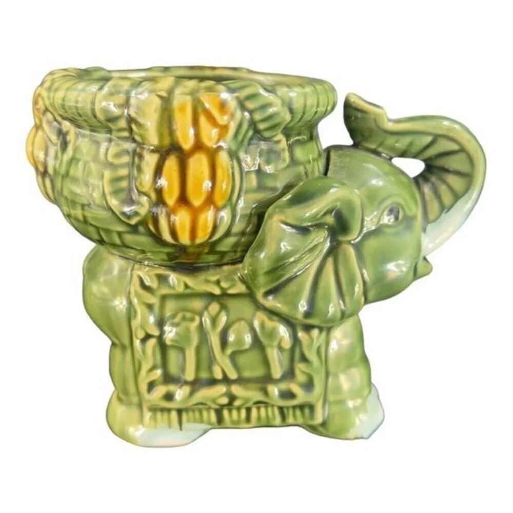 Vintage Majolica Style Ceramic‎ Elephant Dish Bowl Candle Votive Holder Green